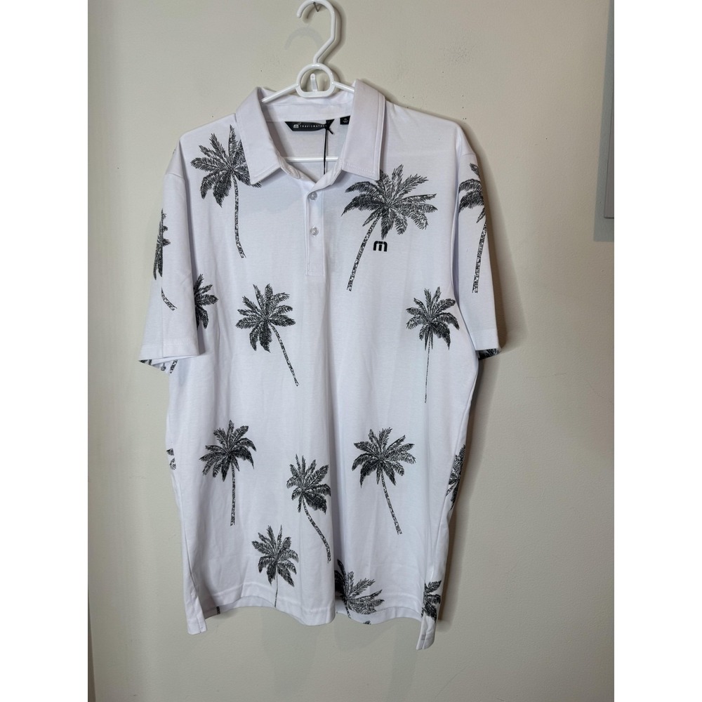 TravisMathew Polo Shirt Mens XL White Palm Tree Print Golf Tropical Short Sleeve - Picture 2 of 8